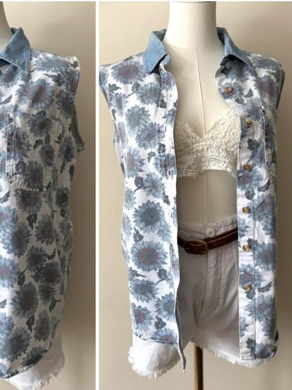 80s 90s Vintage Next Issue Denim Sleeveless Floral Sunflower Button Up Top Large